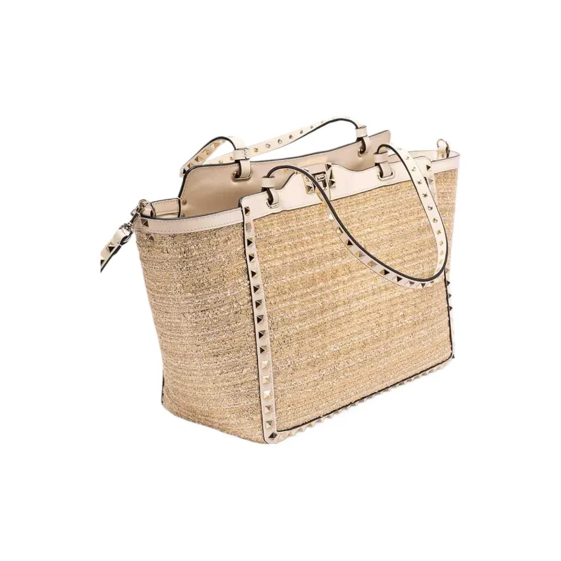 Valentino Rockstud Calfskin Tote Bag Shopping Bag Shoulder Bag Crossbody Bag Handbag Medium Size Women's Light Brown-2