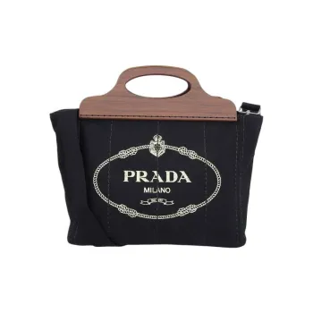 PRADA Canvas With Wood One Shoulder Canvas Bag Handbag Women's Black