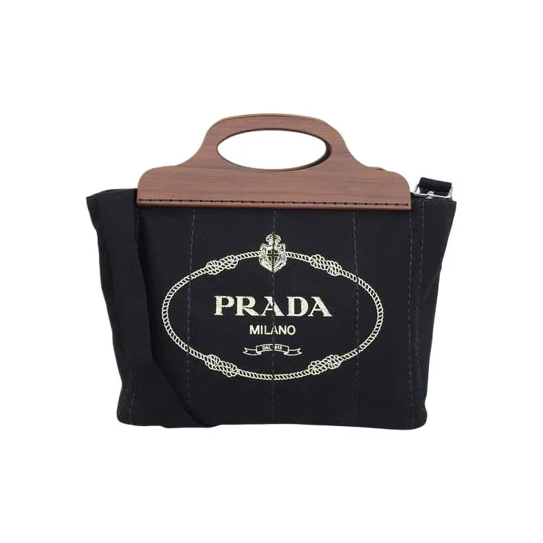 PRADA Canvas With Wood One Shoulder Canvas Bag Handbag Women's Black-0