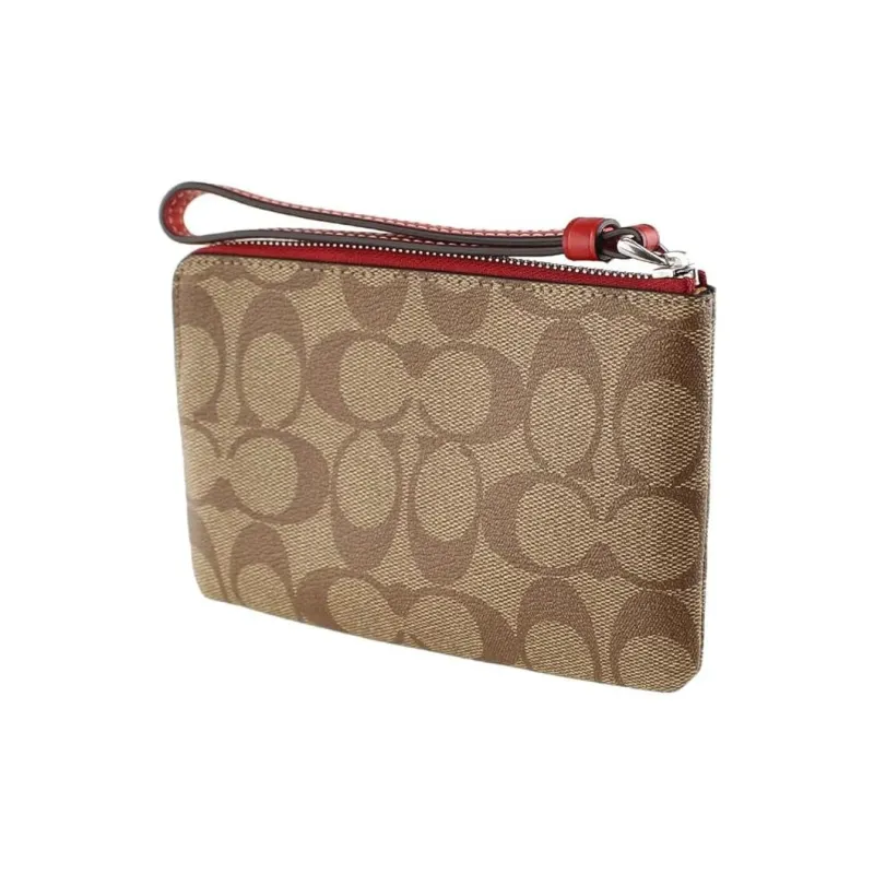 COACH Corner Zip Coated Canvas With Smooth Leather Clutches Wallets Small Size Women's Brown-3