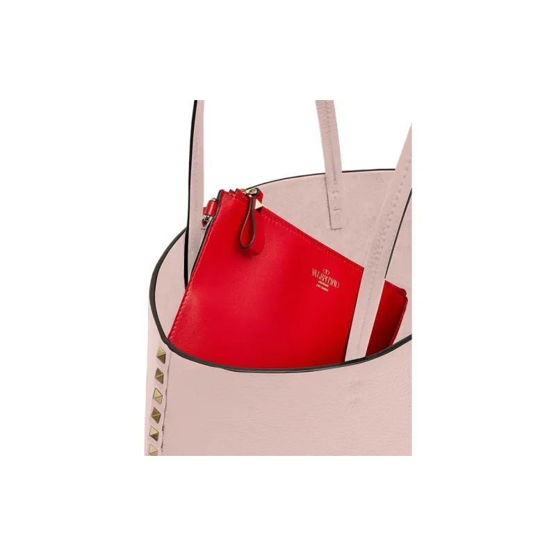 Valentino Grained Calfskin Tote Bag Shopping Bag Shoulder Bag Handbag Women's Rose Quartz Pure Red-3