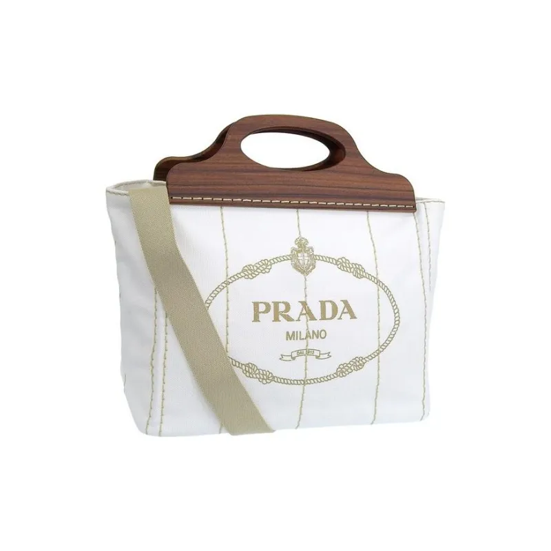 PRADA Canvas With Wood One Shoulder Canvas Bag Handbag Women's White-1