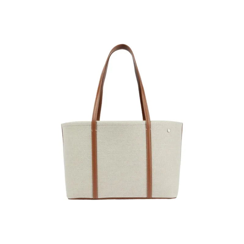 Loro Piana Canvas Tote Bag Shopping Bag Canvas Bag Handbags Large Size Women's Natural Color With Saddle Brown Accents-0