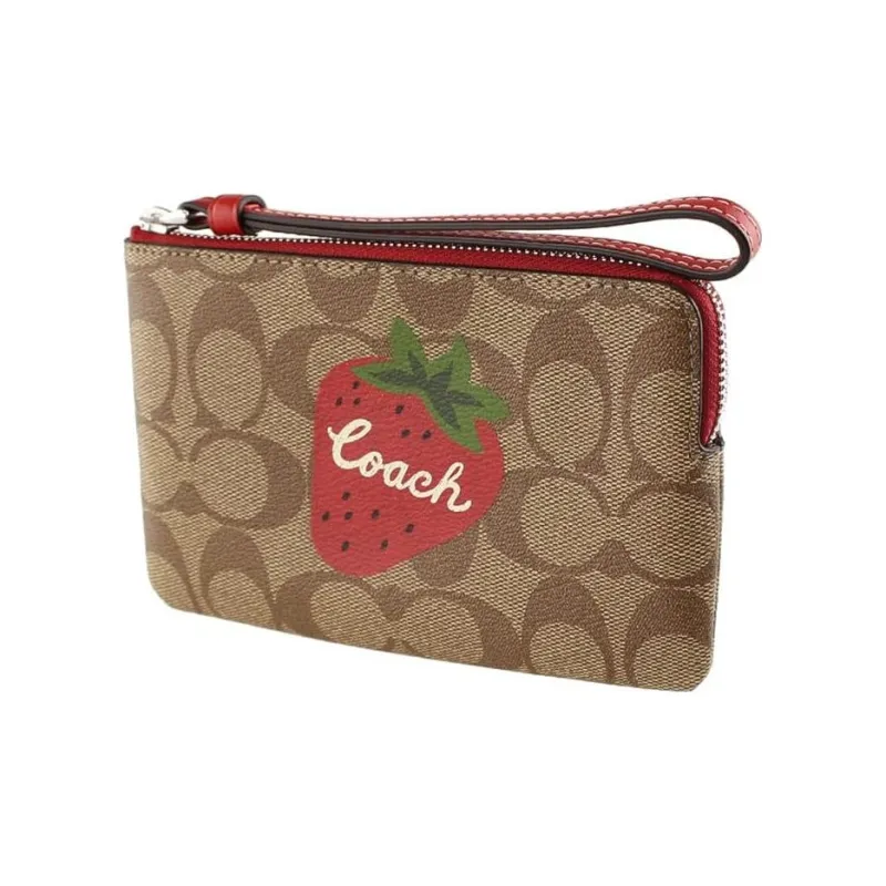 COACH Corner Zip Coated Canvas With Smooth Leather Clutches Wallets Small Size Women's Brown-2