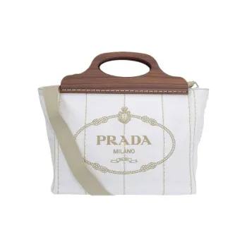 PRADA Canvas With Wood One Shoulder Canvas Bag Handbag Women's White