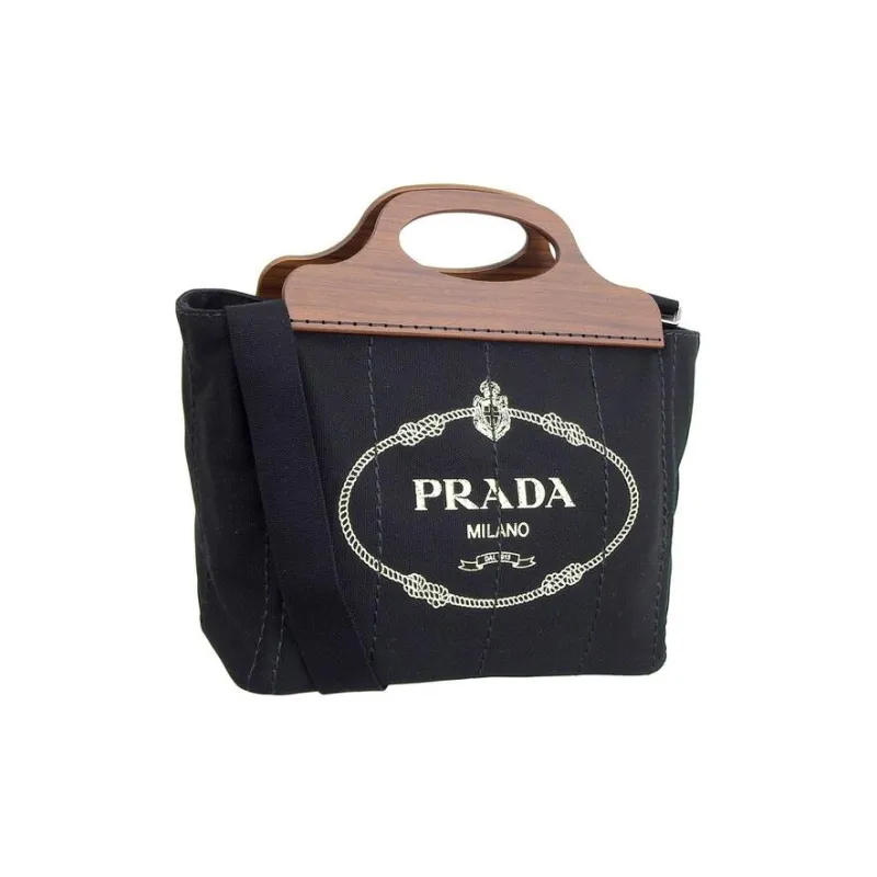 PRADA Canvas With Wood One Shoulder Canvas Bag Handbag Women's Black-2
