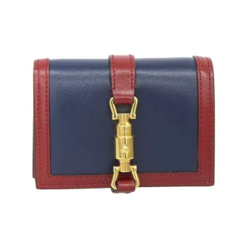 GUCCI Leather Card Holder Wallet Unisex Marine Blue & Red