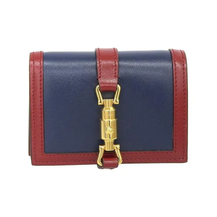 GUCCI Leather Card Holder Wallet Unisex Marine Blue & Red-0