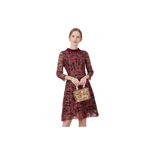 Sanpowa Long-Sleeved Dresses Women's Dark Red