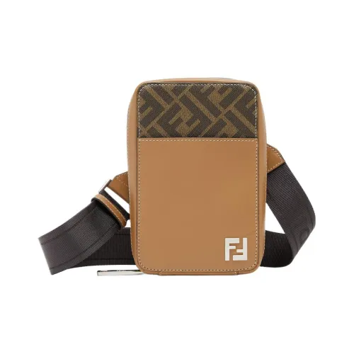 FENDI Cotton One Shoulder Crossbody Cell Phone Pouch Men's Brown