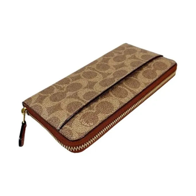 COACH Accordion Zip Canvas With Leather Trunk Wallet Women's Brown-2