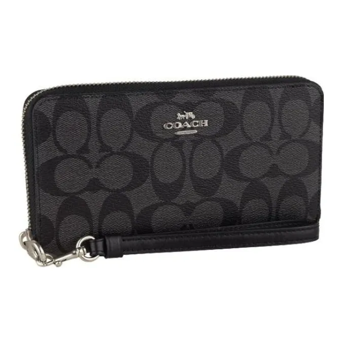 COACH Zip Around Canvas With Leather Wallet Women's Charcoal Black Monogram-1