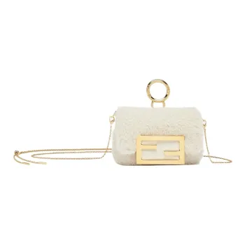 FENDI Baguette Sheep Wool Leather Pendant Bag Accessories Extra Mini Women's White