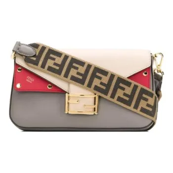 FENDI Baguette Leather Shoulder Bag, Crossbody Bag Women's Gray & Red & Beige