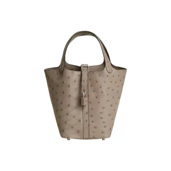 HERMES Picotin Lock Ostrich Leather Basket Bag Handbag Women's 81 Gris Tourterelle Dove Gray