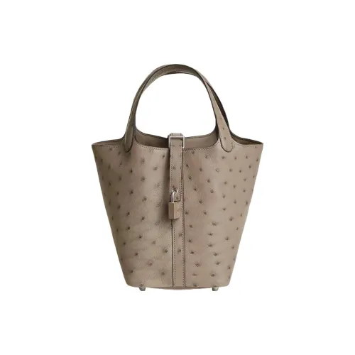 HERMES Picotin Lock Ostrich Leather Basket Bag Handbag Women's 81 Gris Tourterelle Dove Gray