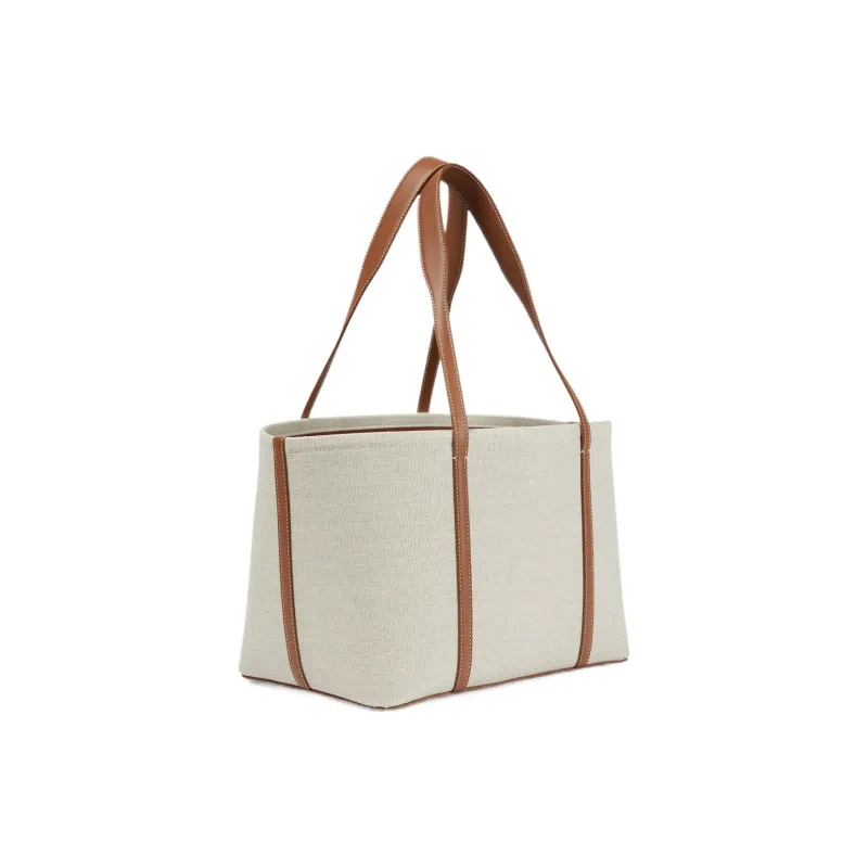 Loro Piana Canvas Tote Bag Shopping Bag Canvas Bag Handbags Large Size Women's Natural Color With Saddle Brown Accents-1