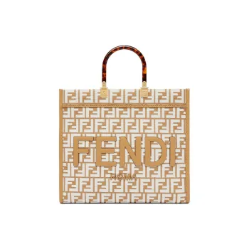 FENDI Sunshine Raffia With Leather Tote Bag Shopping Bag Shoulder Bag Crossbody Bag Handbag Medium Size Women's White