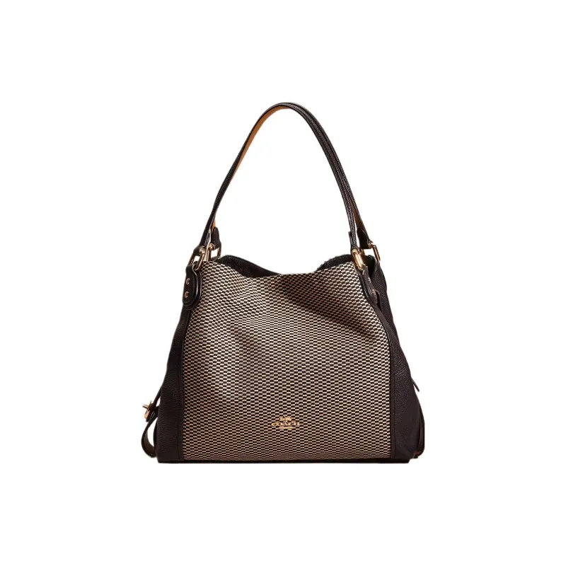 COACH Edie Jacquard With Leather Tote Bag Shopping Bag One Shoulder Handbag Large Size Women's Light Gold/Black-0
