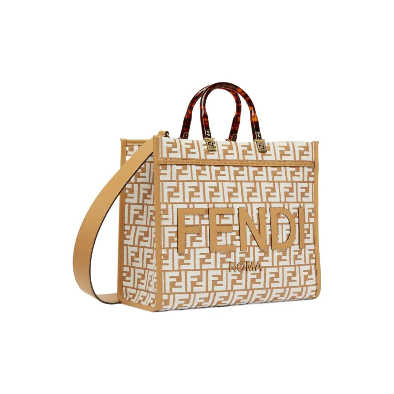 FENDI Sunshine Raffia With Leather Tote Bag Shopping Bag Shoulder Bag Crossbody Bag Handbag Medium Size Women's White-1