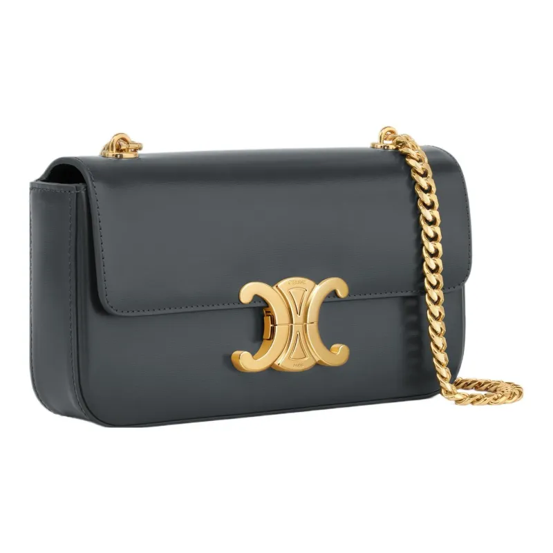CELINE Triomphe Shiny Calfskin Crossbody Bag, Shoulder Bag Women's Slate Gray-1