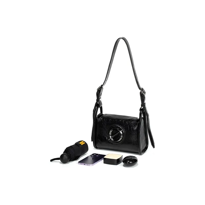 JELLYTOYBOY Cow Leather Patchwork With Artificial Leather Curvy Pack Shoulder Bag Crossbody Bag Women's Black-2