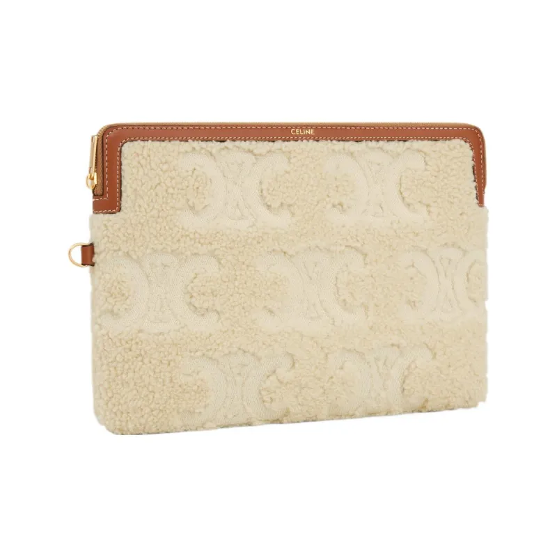 CELINE Triomphe Embroidered Shearling Clutch Small Size Women's Natural & Brown Umber-2