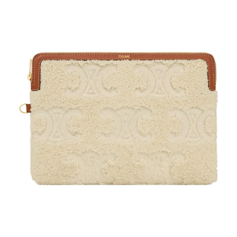 CELINE Triomphe Embroidered Shearling Clutch Small Size Women's Natural & Brown Umber-1