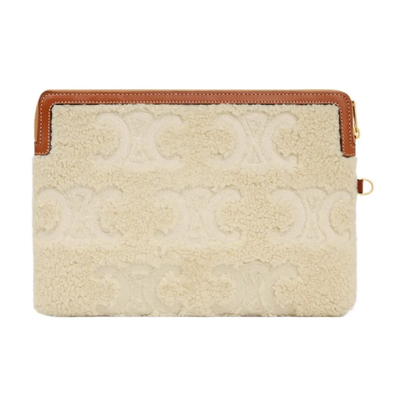 CELINE Triomphe Embroidered Shearling Clutch Small Size Women's Natural & Brown Umber-3