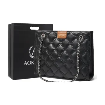 AOKANG Cow Leather Tote Chain Diamond Pattern Crossbody Bag, Shoulder Bag, Commuter Bag Women's Hepburn Black/Ecru