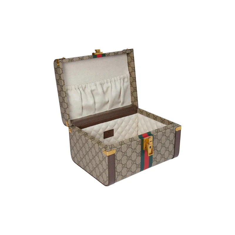GUCCI Canvas With Leather Binding Makeup Bag Makeup Case Large Size Unisex Beige & Ebony-6