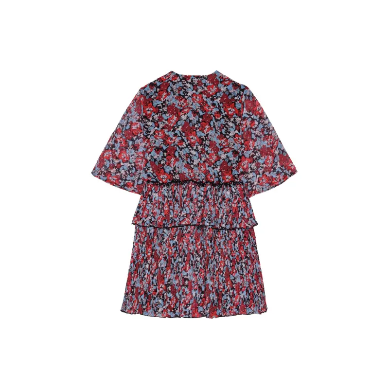 GANNI Red Pleated Georgette V-Neck Smock Mini Dress Short-Sleeved Dresses Women's Red-1