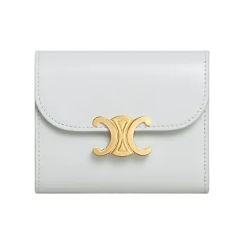 CELINE Triomphe Shiny Calfskin Wallet Small Size Women's Moon White