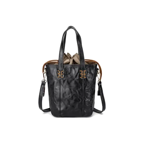 Ace Paul Vegetable Tanned Top Grain Cow Leather Bucket Bag Handbag Crossbody Bag Shoulder Bag Small Size Women's Black