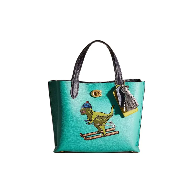 COACH Willow Polished Pebbled Leather Handbag Medium Size Women's Brass Bright Green Multicolor-0