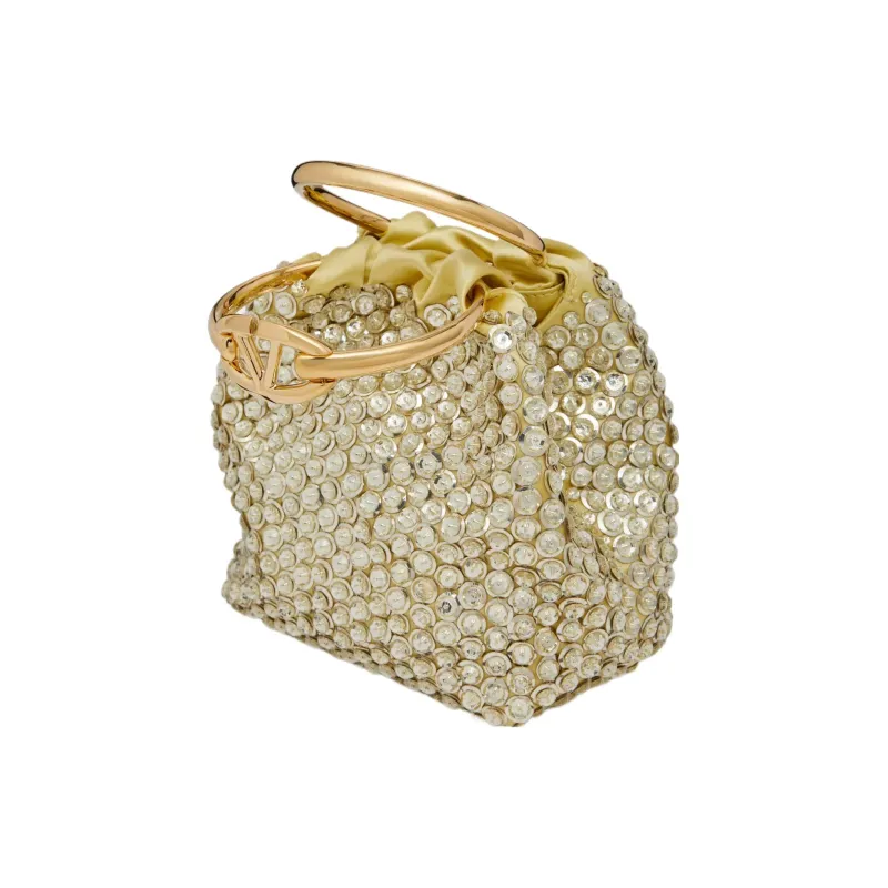 Valentino Embroidery Bucket Bags Handbags Small Size Women's Palladium-Plated Crystal And Gray-4