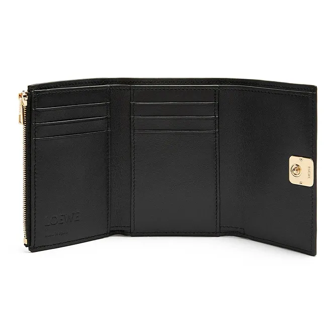 LOEWE Shiny Nappa Leather Patchwork With Sheepskin Wallet Small Size Women's Black-3