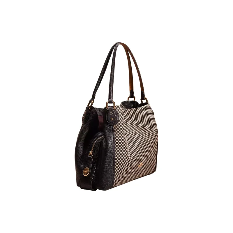 COACH Edie Jacquard With Leather Tote Bag Shopping Bag One Shoulder Handbag Large Size Women's Light Gold/Black-1