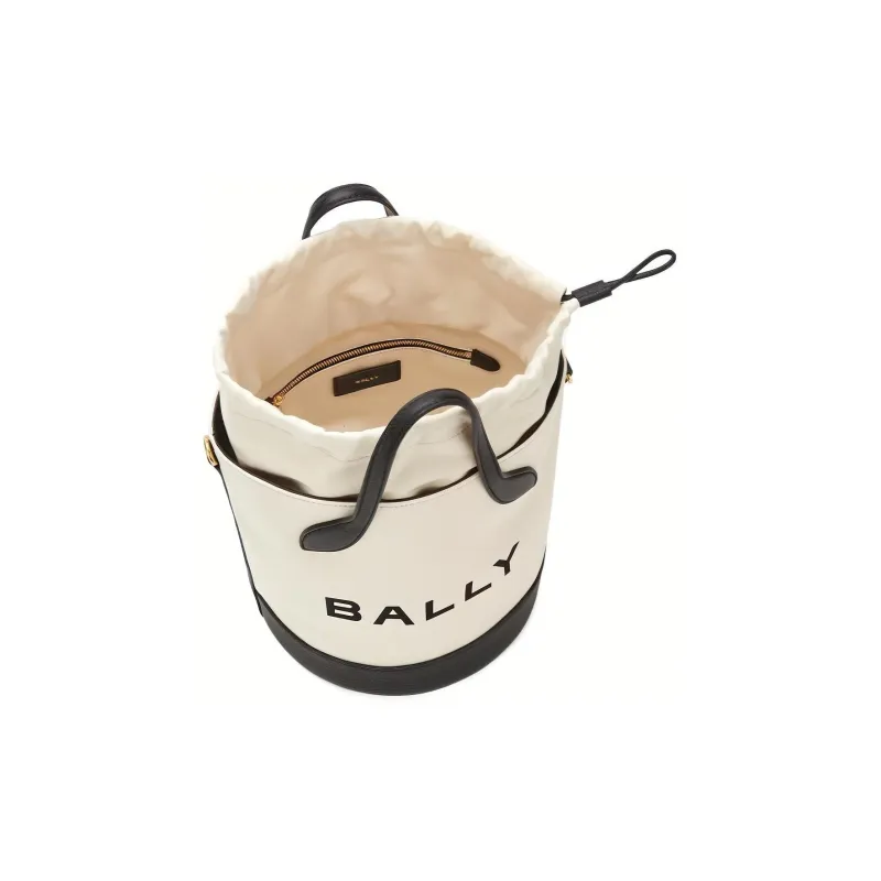 BALLY Fabric With Leather Bucket Bag Handbag Shoulder Bag Crossbody Bag Medium Size Women's White-3