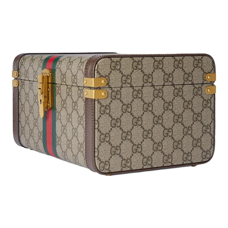 GUCCI Canvas With Leather Binding Makeup Bag Makeup Case Large Size Unisex Beige & Ebony-1