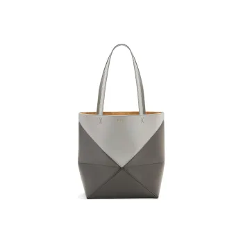 LOEWE Shiny Cow Leather Tote Bag Shopping Bag Handbag Medium Size Women's Pearl Gray & Dark Gray