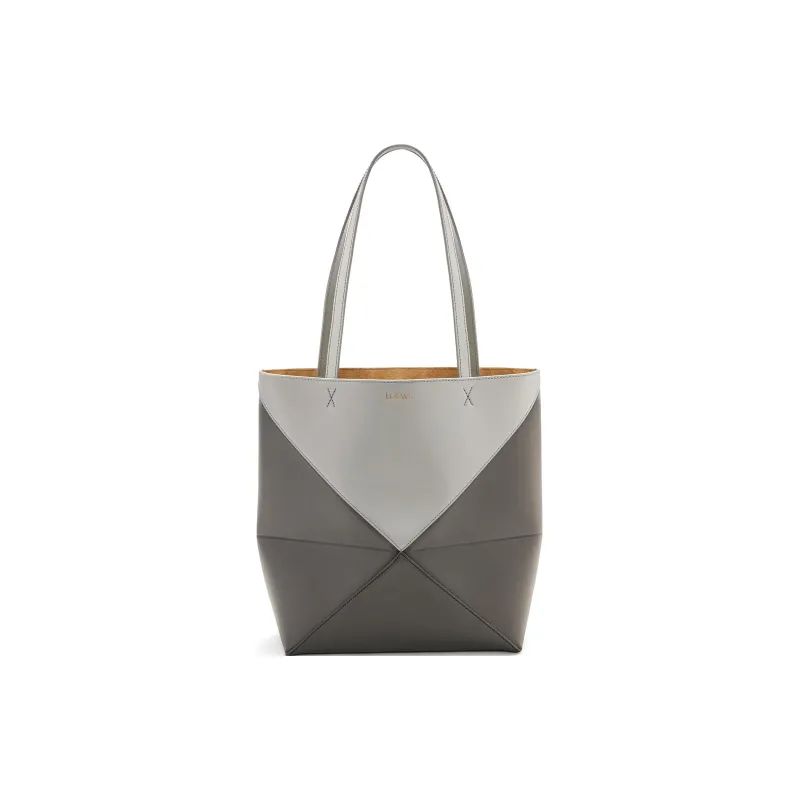 LOEWE Shiny Cow Leather Tote Bag Shopping Bag Handbag Medium Size Women's Pearl Gray & Dark Gray-0