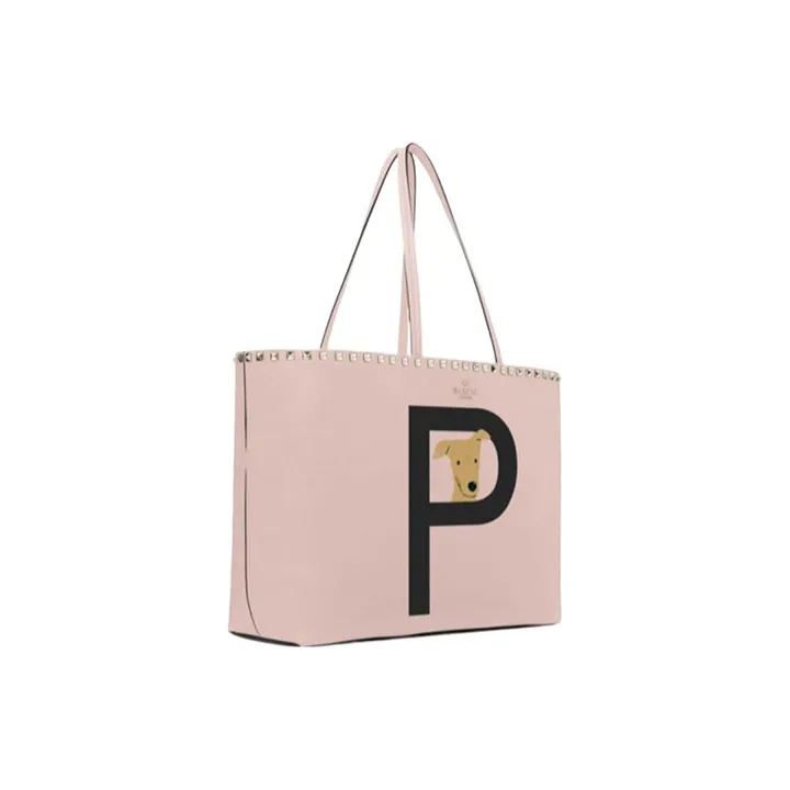 Valentino GARAVANI ROCKSTUD Grained Calfskin Tote Bag Shopping Bag Shoulder Bag Handbag Women's Rose Quartz With Black-1
