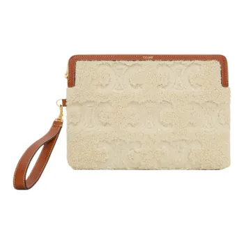 CELINE Triomphe Embroidered Shearling Clutch Small Size Women's Natural & Brown Umber