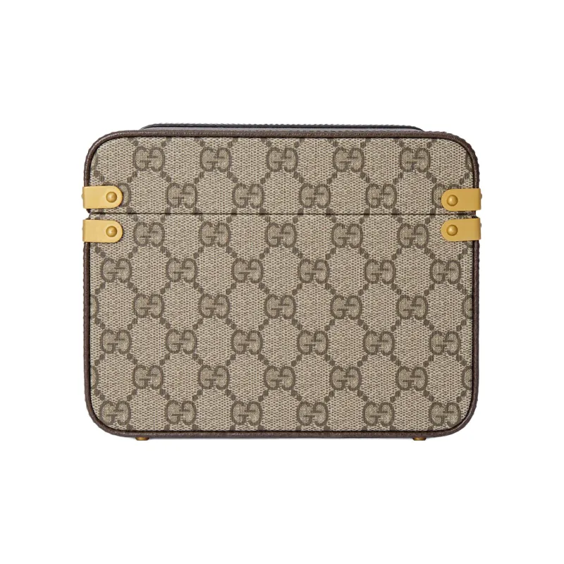 GUCCI Canvas With Leather Binding Makeup Bag Makeup Case Large Size Unisex Beige & Ebony-2
