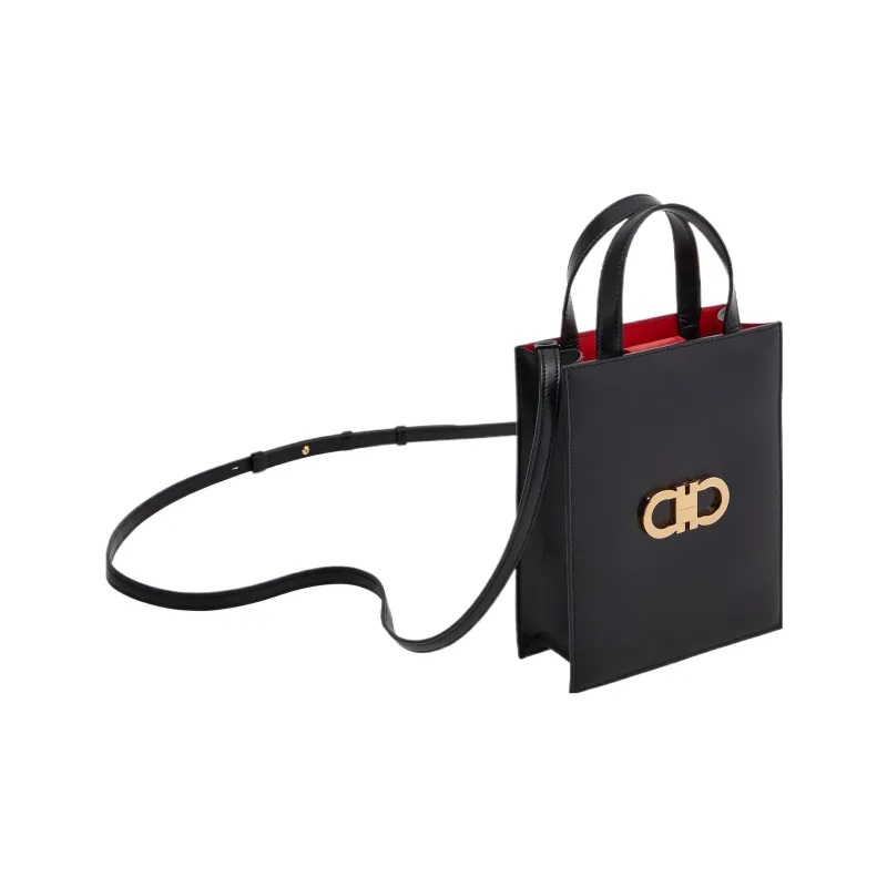 FERRAGAMO GANCINI Palm Calfskin Tote Bag, Shopping Bag, Handbag Mini Women's Black & Flame Red-1