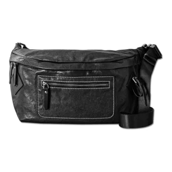 Back Step Top Grain Cow Leather Genuine Leather Crossbody Bag Sling Bag Fanny Pack Unisex Black