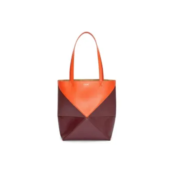 LOEWE Shiny Cow Leather Tote Bag, Shopping Bag, Handbag Regular Women's Vibrant Orange & Burgundy Red