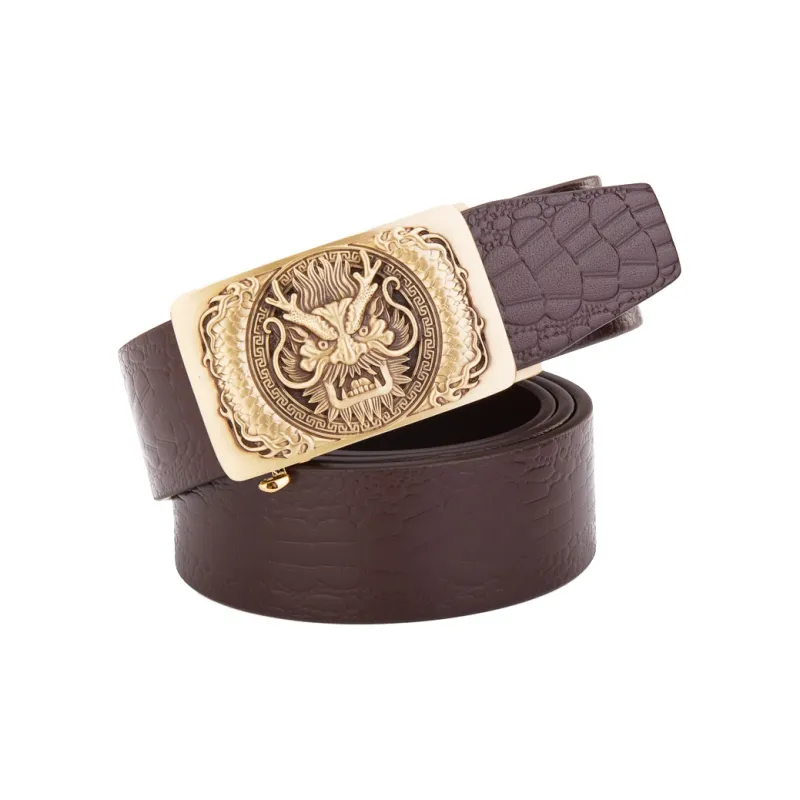 Cows Reign Relief Brass Chinese Style Chinese Zodiac Dragon Leather Belts Men's-3