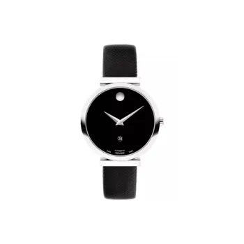 MOVADO MUSEUM Collection Mechanical Movement Women's Watch 32mm Black Dial Stainless Steel Case Leather Strap 0607675